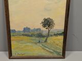 une peinture à l'huile représentant un arbre solitaire dans un champ, avec un ciel jaune