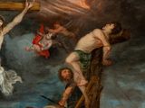 a painting of jesus on the cross with other people