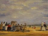 painting of a group of people on a beach with a horse drawn carriage
