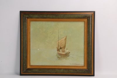 tableau représentant un voilier avec un homme à bord, sur l'eau