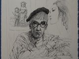 drawing of a man with a hat and glasses looking at a woman