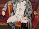 tableau représentant un homme assis sur une chaise rouge, vêtu d'un costume et de bottes