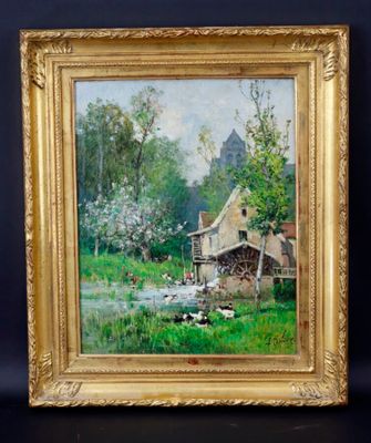 une peinture à l'huile représentant une scène de vie à la ferme avec des vaches dans un champ