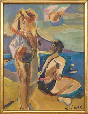 une peinture à l'huile représentant une femme et un enfant sur une plage
