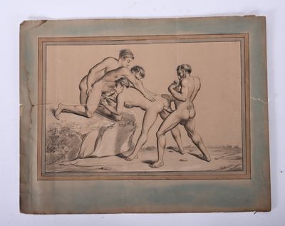 dessin représentant un groupe d'hommes nus jouant entre eux