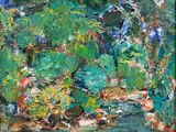 an oil painting of a river with trees and bushes in the background
