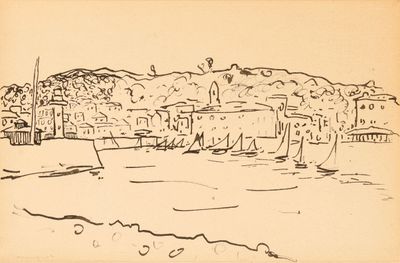 drawing of a view of a town with a boat in the water