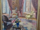 a painting of a living room with chairs and a table