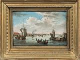 tableau représentant une scène portuaire avec des bateaux et des personnages sur l'eau