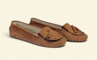 tan sued slippers with a bow on the front of them