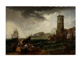 a painting of people on a boat in a body of water near a lighthouse