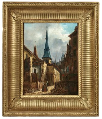 une peinture à l'huile représentant une scène de rue avec un clocher d'église en arrière-plan