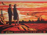 painting of a man and a woman standing in front of a sunset