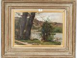 une image représentant un tableau où l'on voit une rivière et des arbres, dans un cadre doré