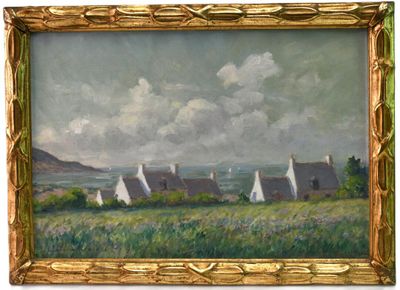 an oil painting of sailboats in a field with a cloudy sky