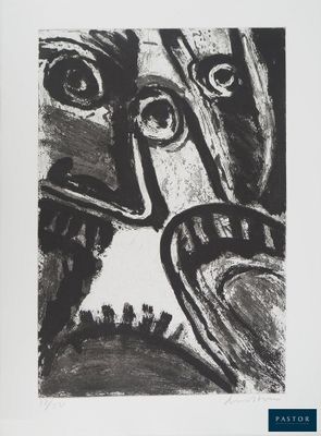 an image of a black and white drawing of a man ' s face