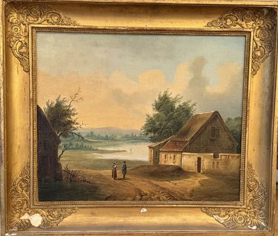 an old painting of a farm scene with a man and a dog in the foreground