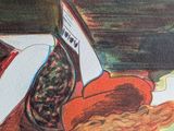 a painting of a woman reading a book on a couch
