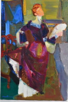 une peinture à l'huile représentant une femme assise sur une chaise en train de lire un livre