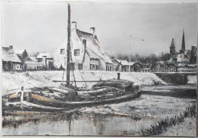 une image d'un tableau représentant un bateau dans l'eau