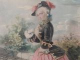 tableau représentant une femme en robe rose debout sur un balcon