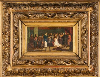 une image représentant un tableau illustrant une scène de mariage, dans un cadre doré