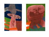 two paintings of a man with a hat and a woman with a bird