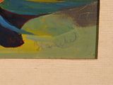 an oil painting of a blue and green flower on a beige background