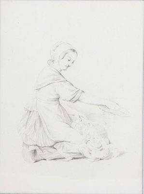 un dessin représentant une femme assise par terre avec un chat
