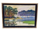 peinture à l'huile encadrée représentant des bateaux sur un lac, avec des arbres en arrière-plan