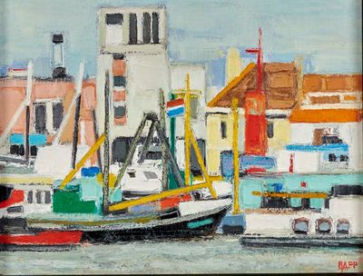 un tableau représentant des bateaux amarrés dans un port, avec des bâtiments en arrière-plan