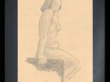 drawing of a nude woman sitting on a stool in a black frame