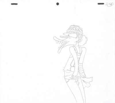 dessin représentant une femme coiffée d'un chapeau et vêtue d'une robe, avec un oiseau sur la tête