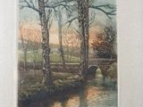an image of a painting of a river with trees and a bridge