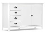 a white dresser with four drawers and two doors