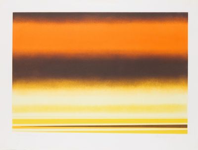 peinture abstraite composée de rayures orange, jaunes et marron sur fond blanc