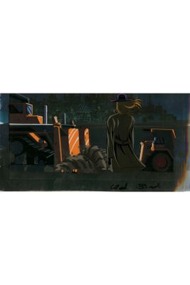 a painting of a woman standing in front of a truck