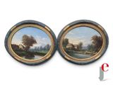 pair of 19th century oil paintings of a country landscape by a river