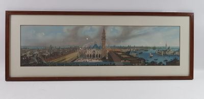 painting of a view of a city with a clock tower in the distance
