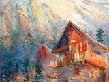peinture représentant un paysage de montagne avec une grange rouge et une montagne aux sommets enneigés