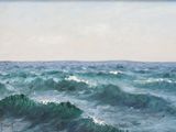 painting of a painting of a large body of water with a sky background