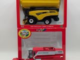 two red and yellow toy vehicles in a box