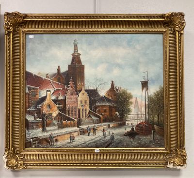 tableau représentant une scène de village avec une église en arrière-plan
