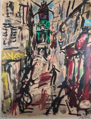 une image représentant une peinture d'une tour horloge dans une rue de la ville