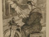 dessin représentant une femme travaillant sur un métier à filer dans une pièce