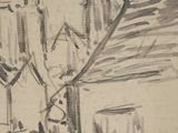 a drawing of a man walking down the street with an umbrella