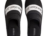 a pair of black slippers with white lettering on them