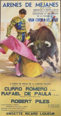 poster advertising a bullfight with a man in a bull suit and a woman in a pink cape