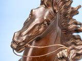 a bronze statue of a horse with a rope in its mouth