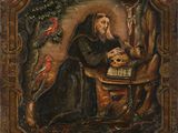 un tableau représentant un homme assis à une table sur laquelle se trouve un oiseau